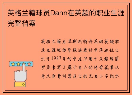 英格兰籍球员Dann在英超的职业生涯完整档案