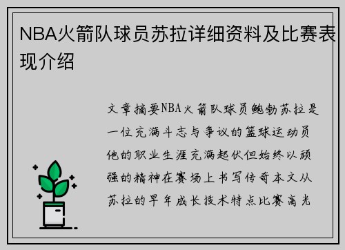 NBA火箭队球员苏拉详细资料及比赛表现介绍